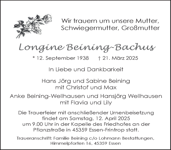Traueranzeige von Longine Beining-Bachus von Tageszeitung
