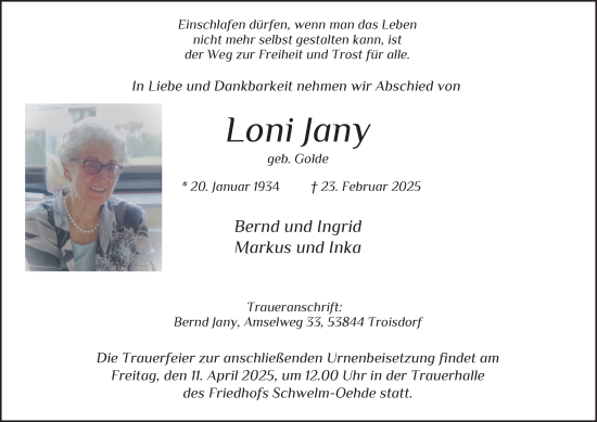Traueranzeige von Loni Jany von Tageszeitung