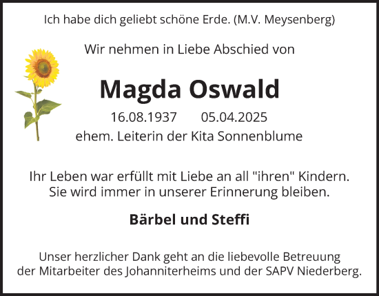 Traueranzeige von Magda Oswald von Tageszeitung