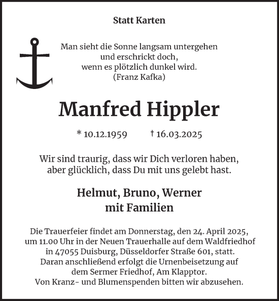 Traueranzeige von Manfred Hippler von Tageszeitung
