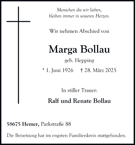 Traueranzeige von Marga Bollau von Tageszeitung