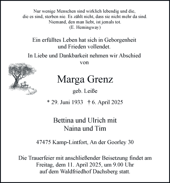 Traueranzeige von Marga Grenz von Tageszeitung