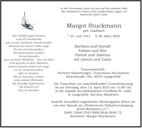Traueranzeige von Margot Stuckmann von Tageszeitung