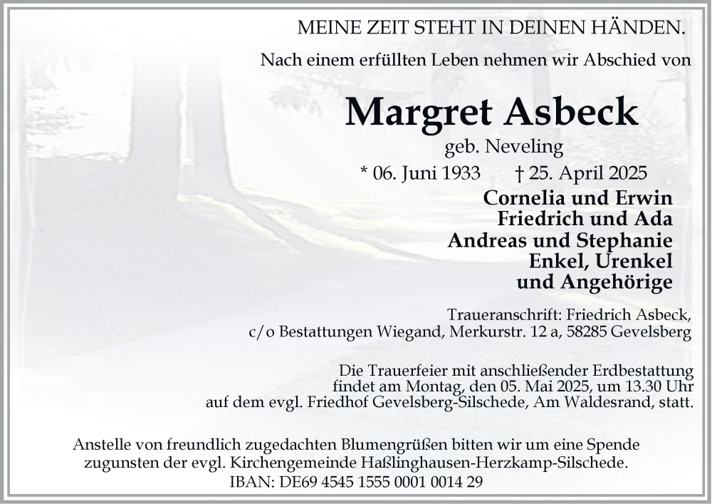  Traueranzeige für Margret Asbeck vom 30.04.2025 aus Tageszeitung