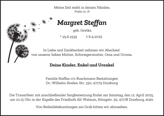 Traueranzeige von Margret Steffan von Tageszeitung