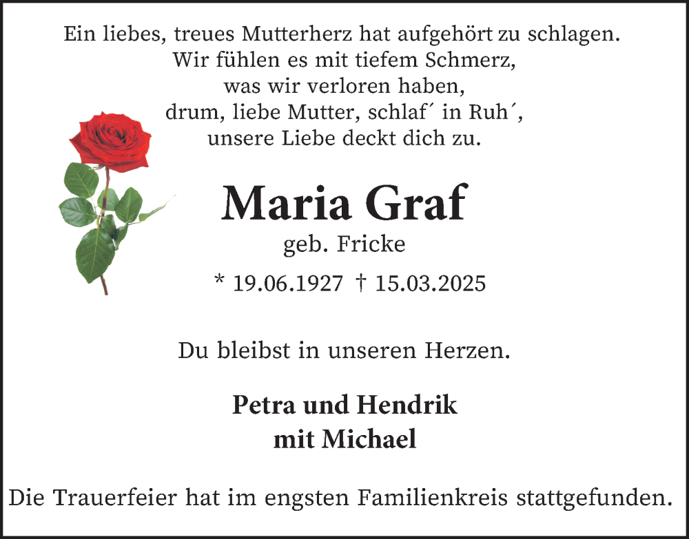  Traueranzeige für Maria Graf vom 05.04.2025 aus Tageszeitung
