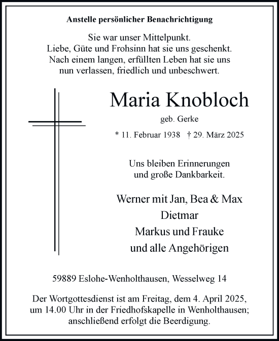 Traueranzeige von Maria Knobloch von Tageszeitung
