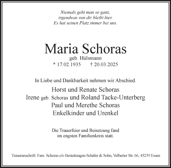 Traueranzeige von Maria Schoras von Tageszeitung