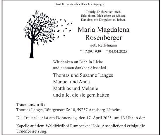 Traueranzeige von Maria Magdalena Rosenberger von Tageszeitung