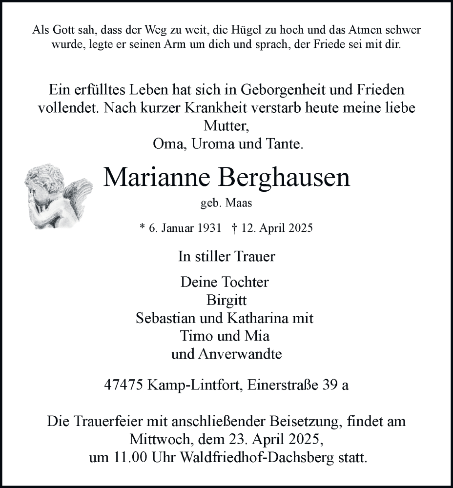  Traueranzeige für Marianne Berghausen vom 17.04.2025 aus Tageszeitung