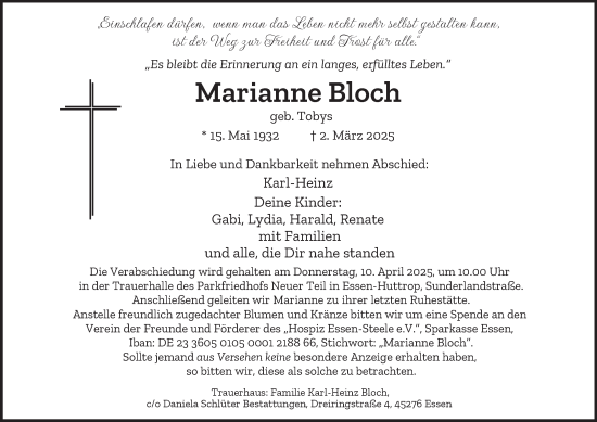 Traueranzeige von Marianne Bloch von Tageszeitung