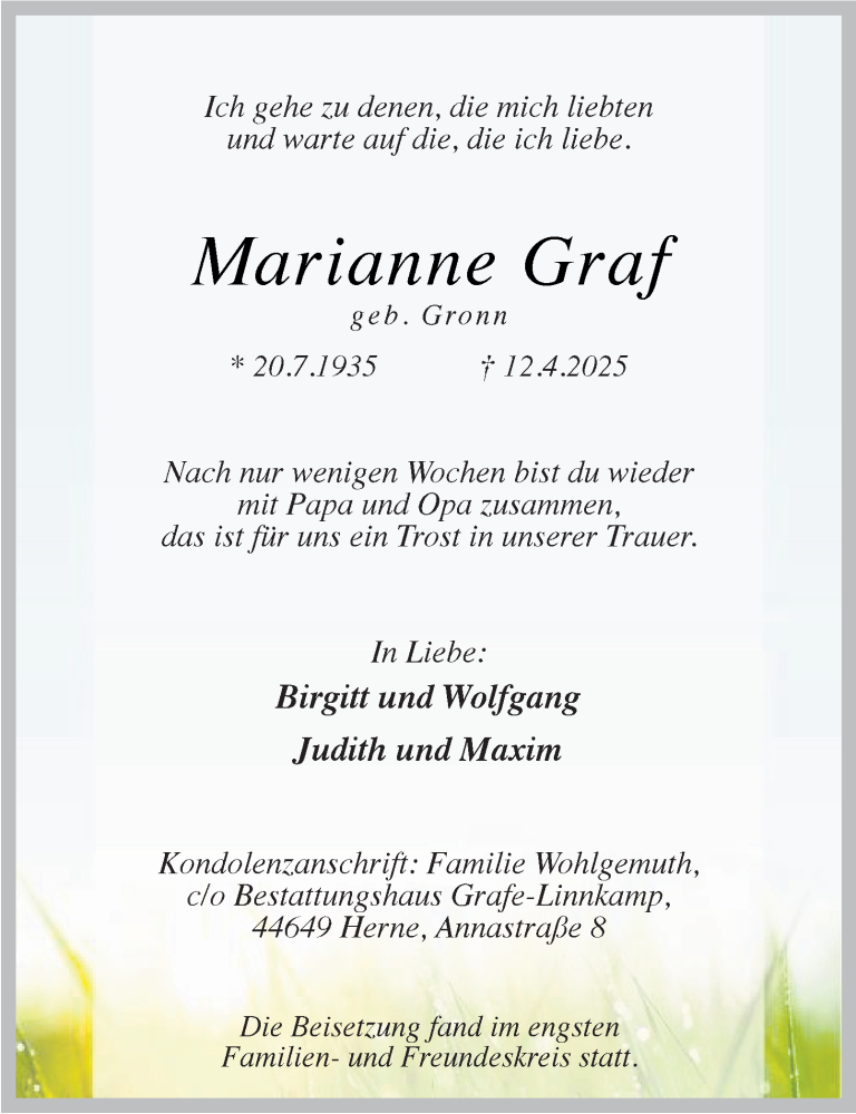  Traueranzeige für Marianne Graf vom 26.04.2025 aus Tageszeitung