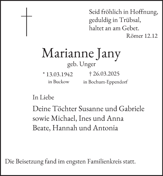 Traueranzeige von Marianne Jany von Tageszeitung