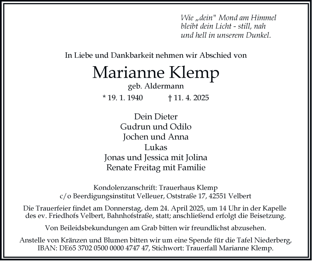  Traueranzeige für Marianne Klemp vom 19.04.2025 aus Tageszeitung