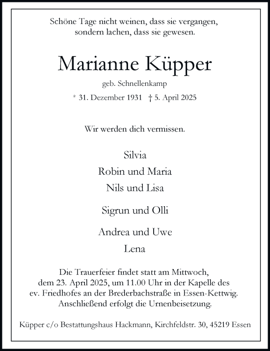 Traueranzeige von Marianne Küpper von Tageszeitung