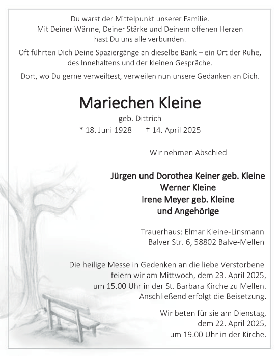 Traueranzeige von Mariechen Kleine von Tageszeitung
