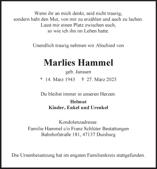 Traueranzeige von Marlies Hammel von Tageszeitung