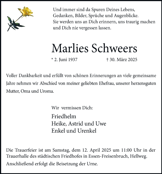 Traueranzeige von Marlies Schweers von Tageszeitung
