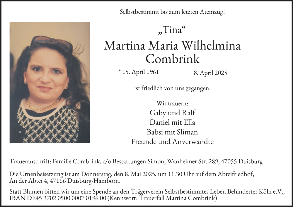  Traueranzeige für Martina  Combrink vom 26.04.2025 aus Tageszeitung
