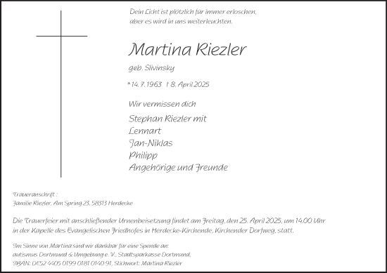 Traueranzeige von Martina Riezler von Tageszeitung