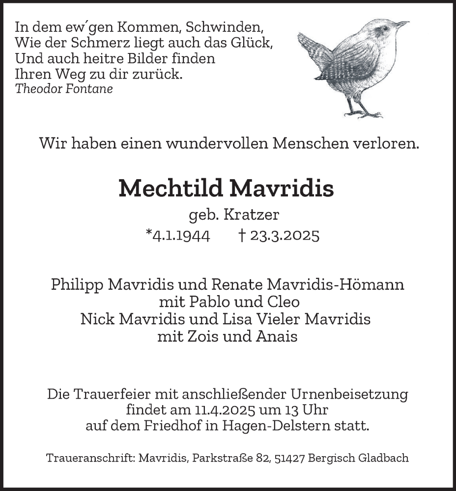  Traueranzeige für Mechtild Mavridis vom 05.04.2025 aus Tageszeitung