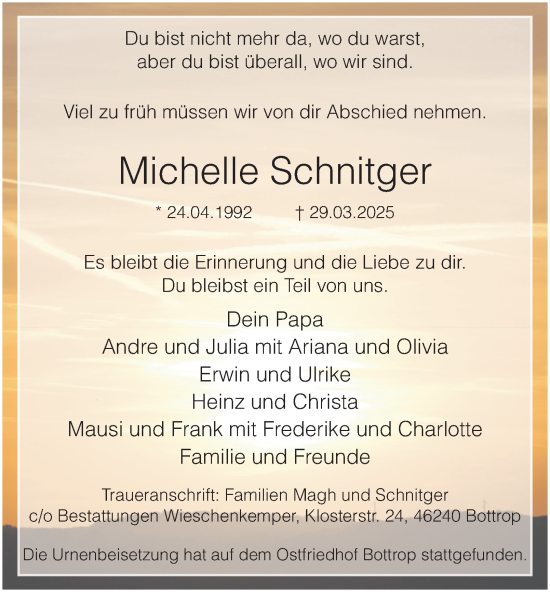 Traueranzeige von Michelle Schnitger von Tageszeitung