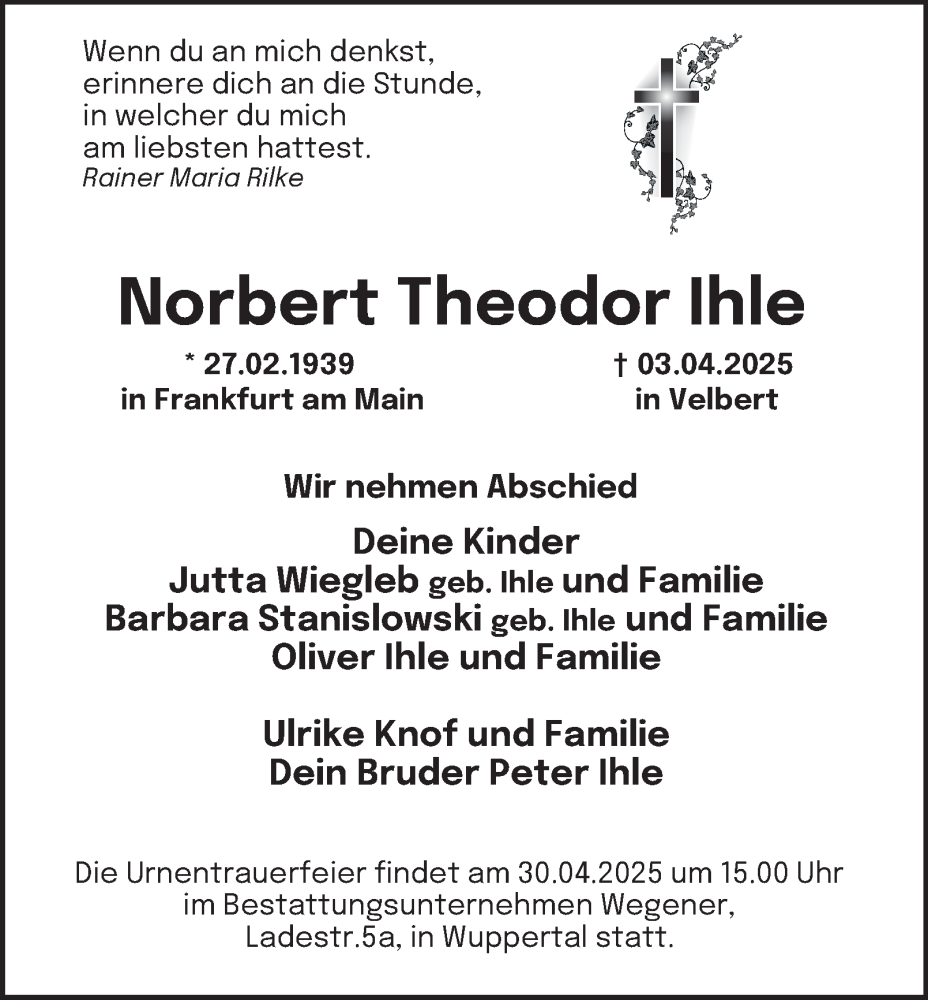  Traueranzeige für Norbert Theodor Ihle vom 12.04.2025 aus Tageszeitung