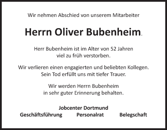 Traueranzeige von Oliver Bubenheim von Tageszeitung