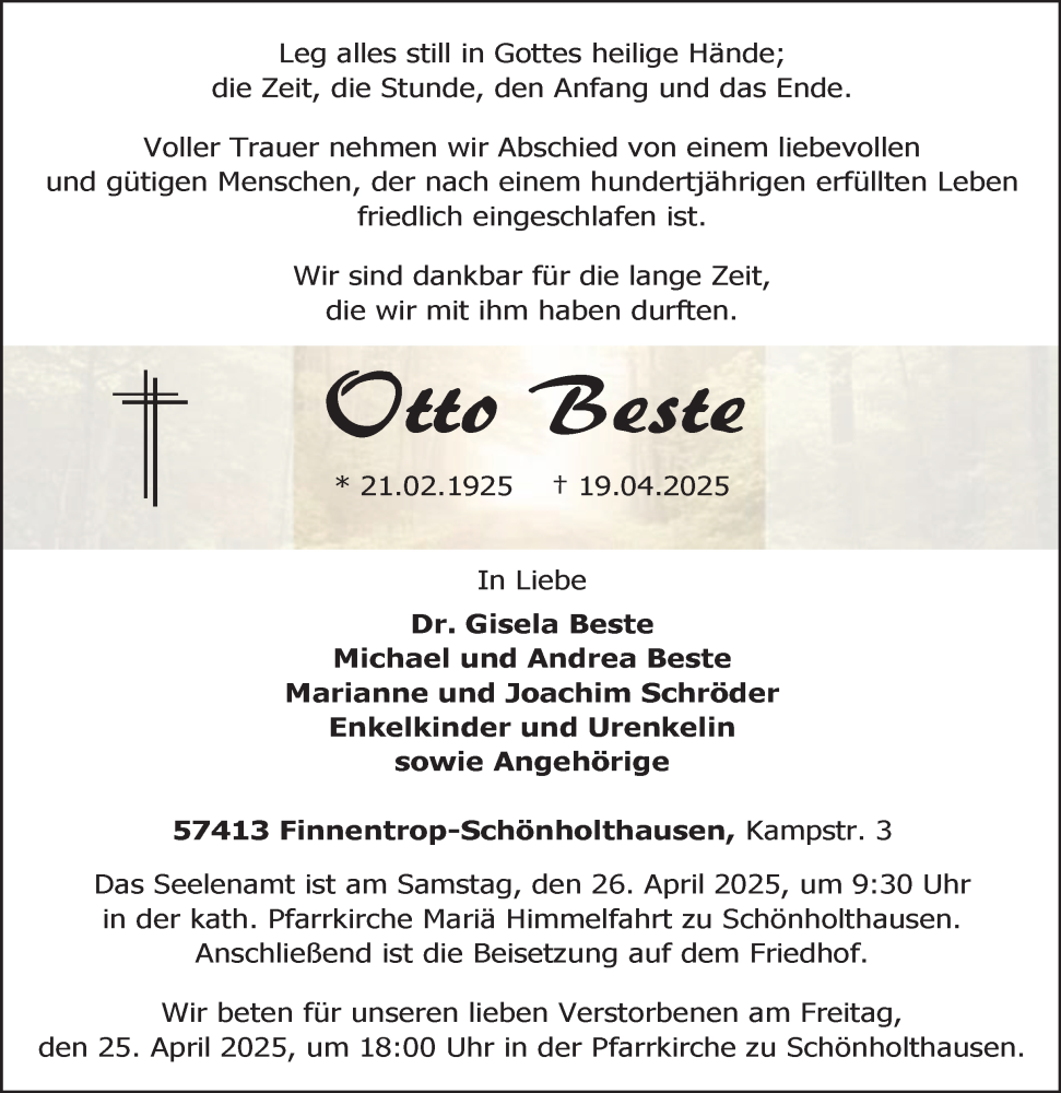 Traueranzeige für Otto Beste vom 23.04.2025 aus Tageszeitung