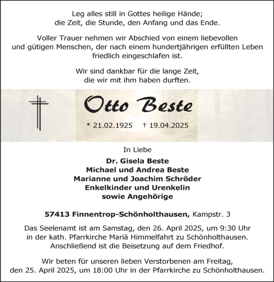 Traueranzeige von Otto Beste von Tageszeitung
