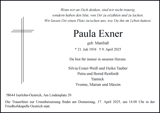 Traueranzeige von Paula Exner von Tageszeitung
