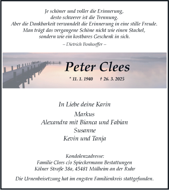 Traueranzeige von Peter Clees von Tageszeitung