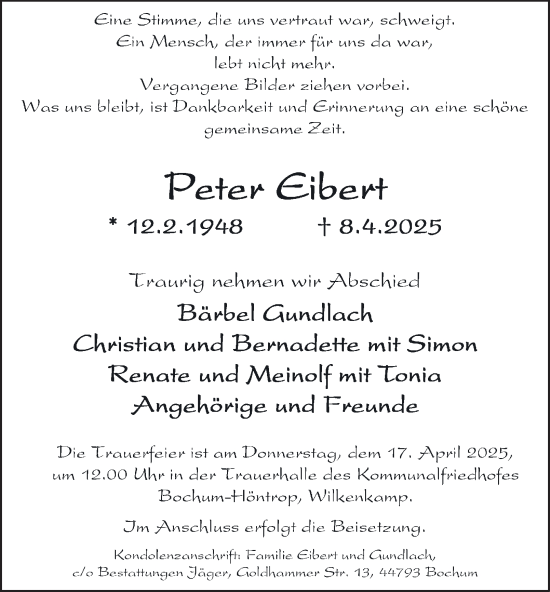 Traueranzeige von Peter Eibert von Tageszeitung