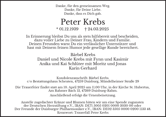Traueranzeige von Peter Krebs von Tageszeitung