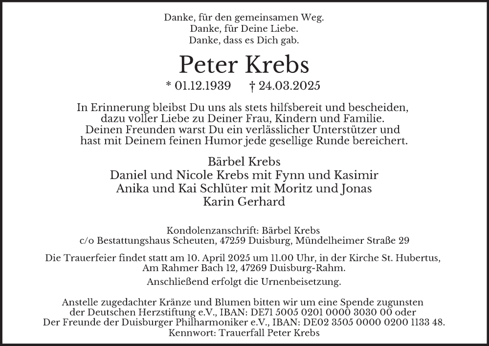  Traueranzeige für Peter Krebs vom 05.04.2025 aus Tageszeitung