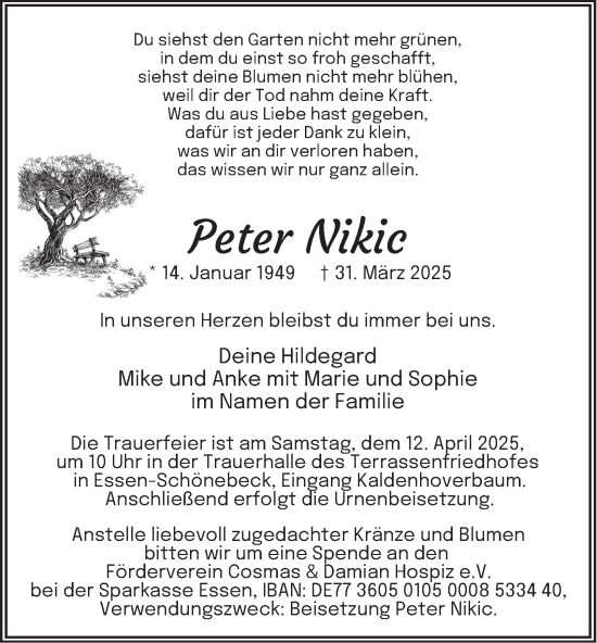 Traueranzeige von Peter Nikic von Tageszeitung