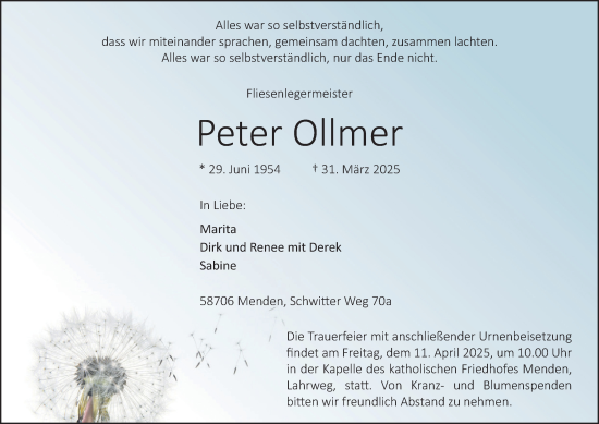 Traueranzeige von Peter Ollmer von Tageszeitung