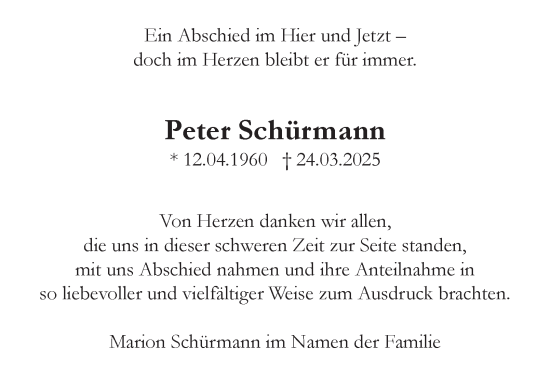 Traueranzeige von Peter Schürmann von Tageszeitung