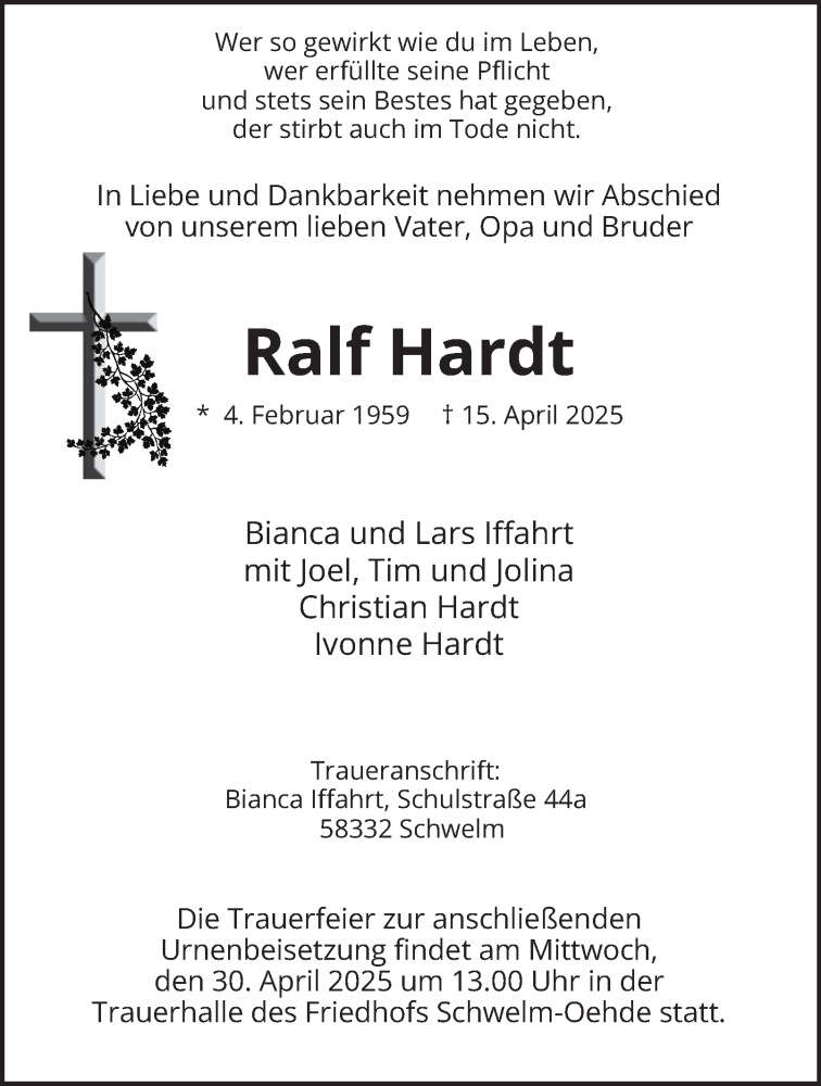  Traueranzeige für Ralf Hardt vom 26.04.2025 aus Tageszeitung