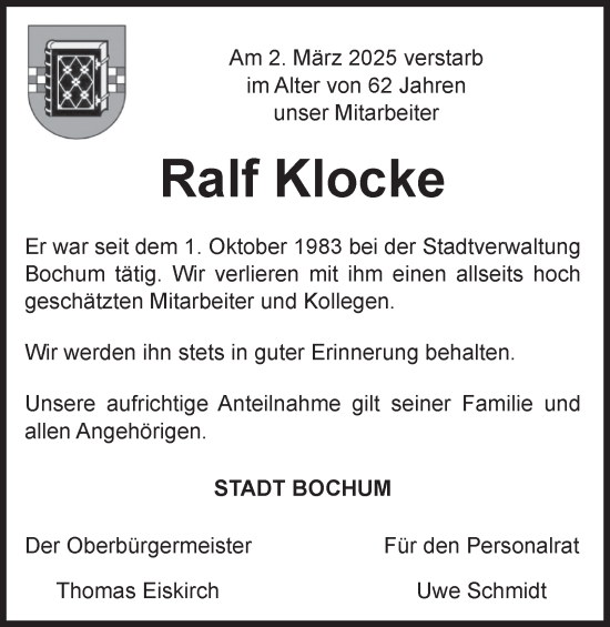 Traueranzeige von Ralf Klocke von Tageszeitung