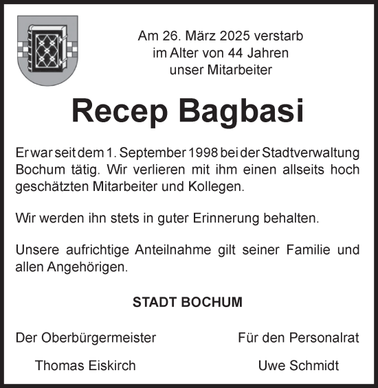 Traueranzeige von Recep Bagbasi von Tageszeitung