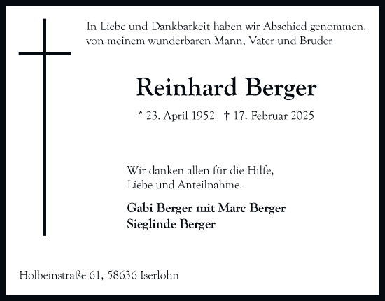 Traueranzeige von Reinhard Berger von Tageszeitung