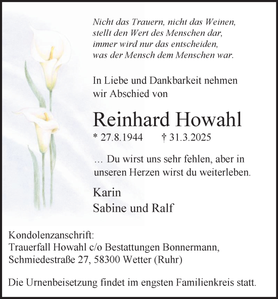 Traueranzeige von Reinhard Howahl von Tageszeitung