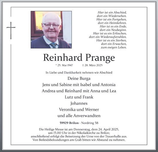 Traueranzeige von Reinhard Prange von Tageszeitung