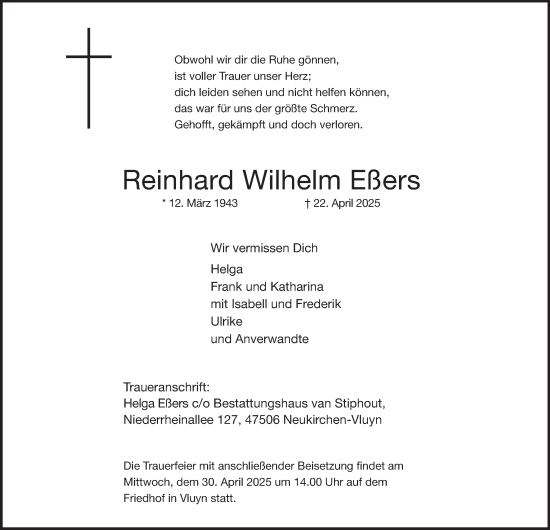 Traueranzeige von Reinhard Wilhelm Eßers von Tageszeitung