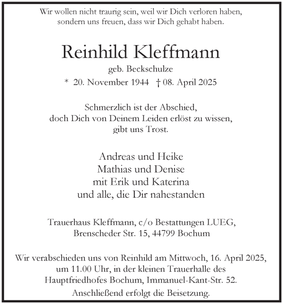 Traueranzeige von Reinhild Kleffmann von Tageszeitung