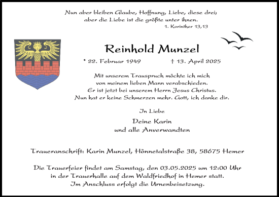 Traueranzeige von Reinhold Munzel von Tageszeitung