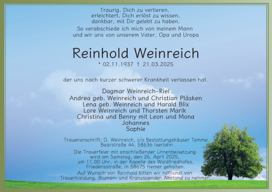 Traueranzeige von Reinhold Weinreich von Tageszeitung