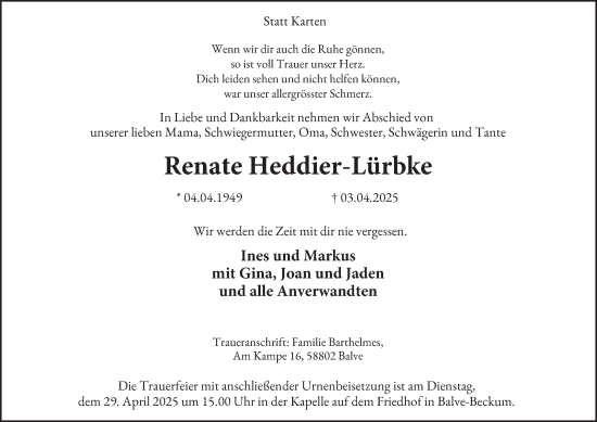Traueranzeige von Renate Heddier-Lürbke von Tageszeitung