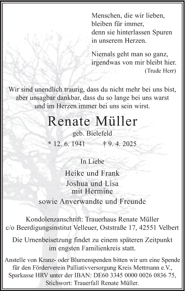  Traueranzeige für Renate Müller vom 26.04.2025 aus Tageszeitung